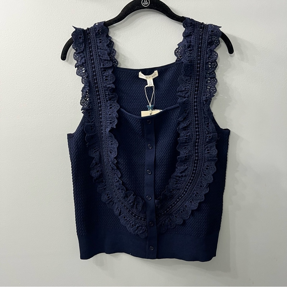 Flint & Moss Navy Blue Sleeveless Lace Faux Button Front Square Neck Top Large